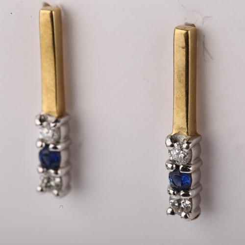 1340 - A pair of 9ct gold sapphire and diamond bar earrings with stud fittings, earring height 20.1mm, 2g