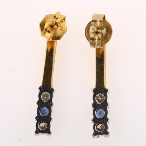 1340 - A pair of 9ct gold sapphire and diamond bar earrings with stud fittings, earring height 20.1mm, 2g