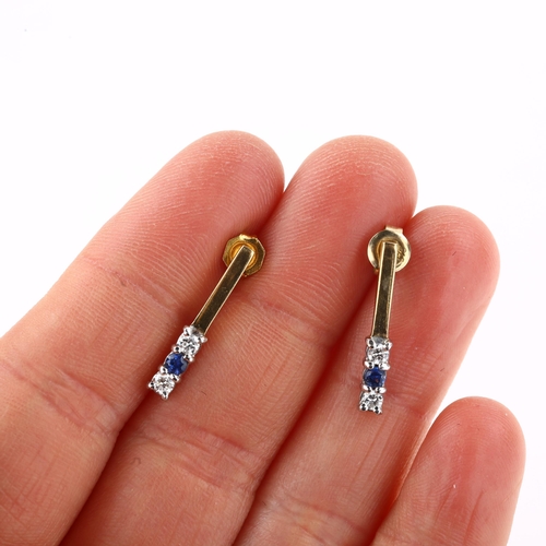 1340 - A pair of 9ct gold sapphire and diamond bar earrings with stud fittings, earring height 20.1mm, 2g