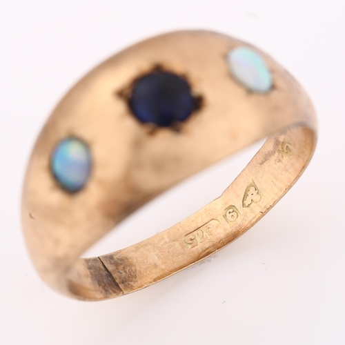 1342 - An early 20th century 9ct rose gold three stone opal and blue paste gypsy ring, setting height 9.1mm... 