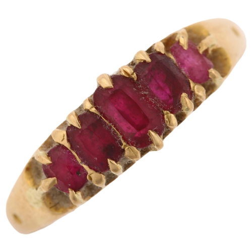 1343 - A 19th century 18ct gold graduated five stone ruby half hoop ring, set with oval mixed-cut rubies, h... 