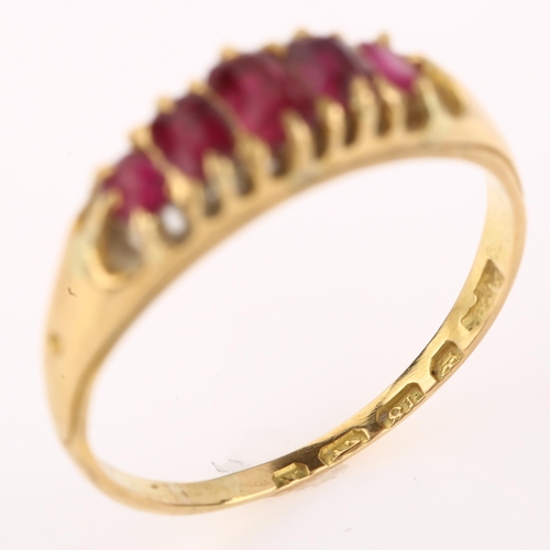 1343 - A 19th century 18ct gold graduated five stone ruby half hoop ring, set with oval mixed-cut rubies, h... 