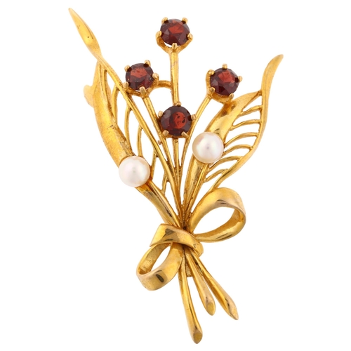 1345 - A mid-20th century 9ct gold garnet and pearl floral spray brooch, maker's marks RJ, hallmarks London... 