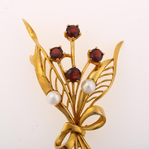 1345 - A mid-20th century 9ct gold garnet and pearl floral spray brooch, maker's marks RJ, hallmarks London... 