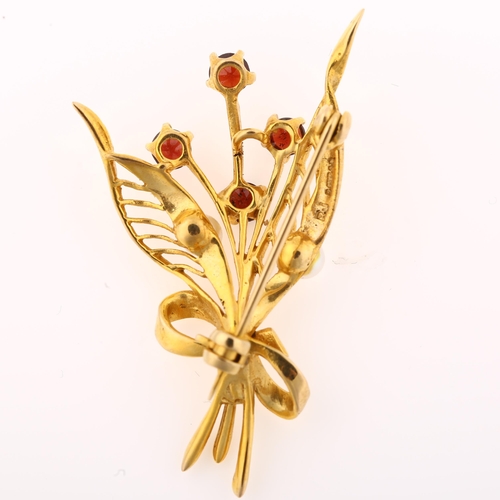 1345 - A mid-20th century 9ct gold garnet and pearl floral spray brooch, maker's marks RJ, hallmarks London... 