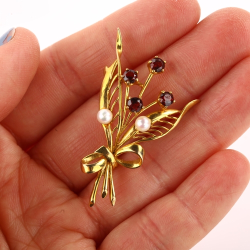 1345 - A mid-20th century 9ct gold garnet and pearl floral spray brooch, maker's marks RJ, hallmarks London... 