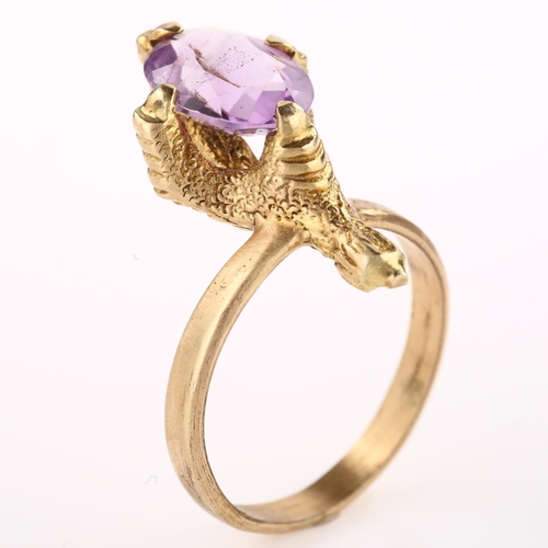 1346 - A mid-20th century 9ct gold amethyst novelty bird claw dress ring, setting height 21.4mm, size M, 4.... 