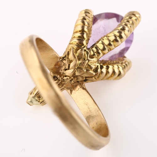 1346 - A mid-20th century 9ct gold amethyst novelty bird claw dress ring, setting height 21.4mm, size M, 4.... 