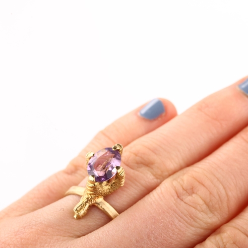 1346 - A mid-20th century 9ct gold amethyst novelty bird claw dress ring, setting height 21.4mm, size M, 4.... 