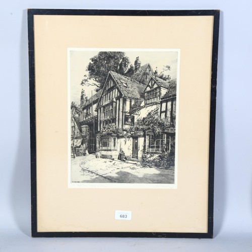 683 - A J Mayer, an etching of the Bell Inn Henley In Arden, signed, 31.5cm x 24.5cm, framed