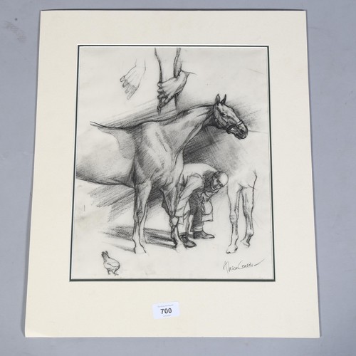 699 - Alison Guest, farrier and horse, charcoal on paper, signed, 37cm x 29cm, unframed