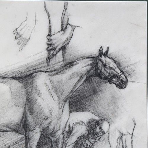 699 - Alison Guest, farrier and horse, charcoal on paper, signed, 37cm x 29cm, unframed