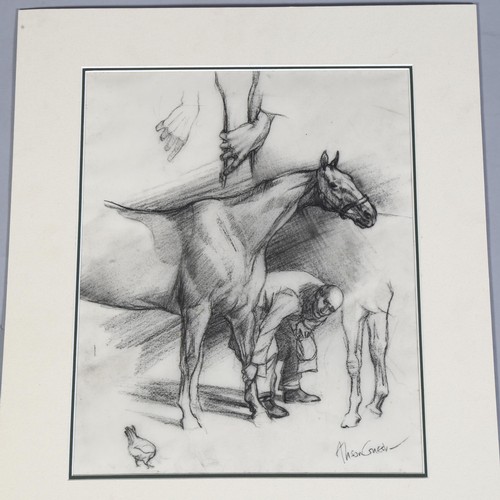 699 - Alison Guest, farrier and horse, charcoal on paper, signed, 37cm x 29cm, unframed