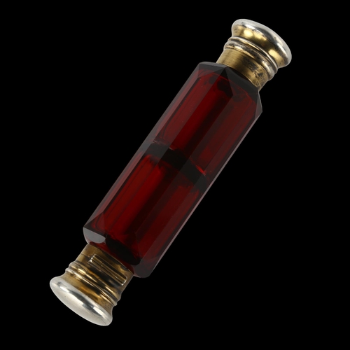 1551 - A 19th century silver-gilt mounted ruby glass double-ended scent flask, unmarked, length 13.5cm