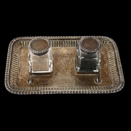 1554 - A Victorian silver desk inkstand, with fitted square glass inkwells, raised pen holders, and fluted ... 