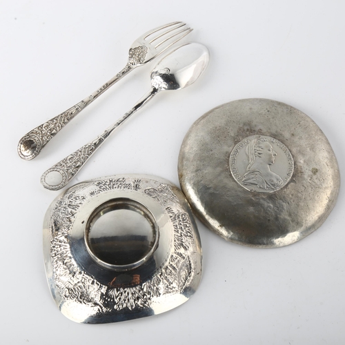 1559 - Various silver, including 1780 M Theresia coin inset dish, Victorian fork and spoon set etc, 5.1oz t... 