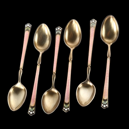 1562 - A set of 6 Continental sterling silver-gilt enamel coffee spoons, length 9.5cm