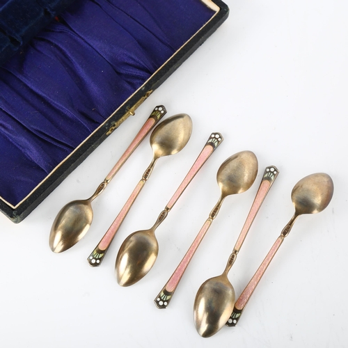 1562 - A set of 6 Continental sterling silver-gilt enamel coffee spoons, length 9.5cm