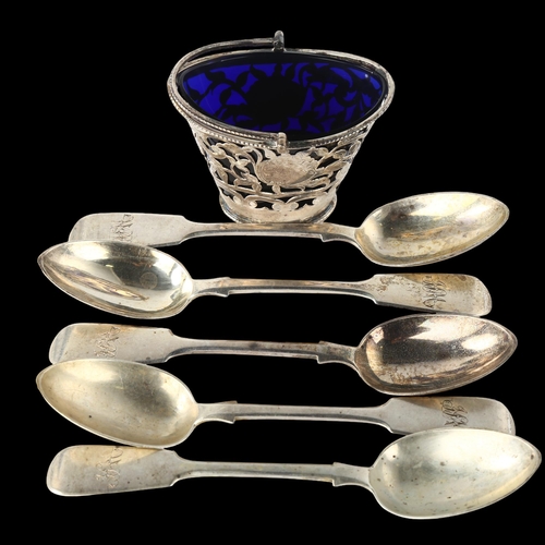 1567 - A set of 5 Victorian silver Fiddle pattern teaspoons, by Josiah Williams & Co, hallmarks Exeter 1860... 