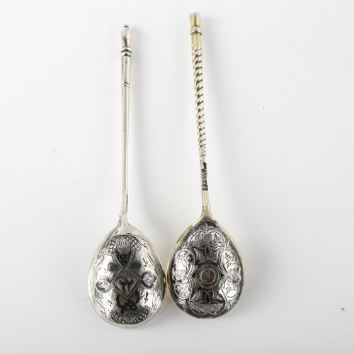 1569 - 2 x 19th century Russian silver and niello spoons, length 14cm, 1.3oz total (2)