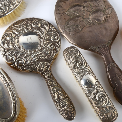 1578 - Various silver dressing table items, including cherub hand mirror, hair brush etc (6)