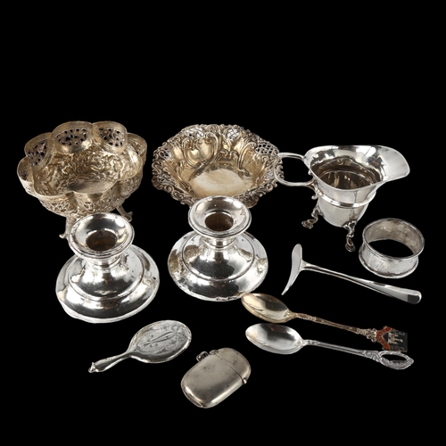 1580 - Various silver, including Indian lobed basket, cream jug, pair of chambersticks etc, 8.5oz weighable