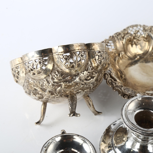 1580 - Various silver, including Indian lobed basket, cream jug, pair of chambersticks etc, 8.5oz weighable