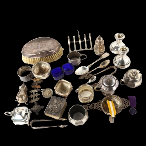 1582 - Various silver, including cruet set, tea strainer, medals etc, 16.2oz weighable