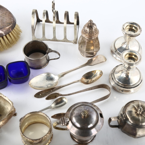 1582 - Various silver, including cruet set, tea strainer, medals etc, 16.2oz weighable