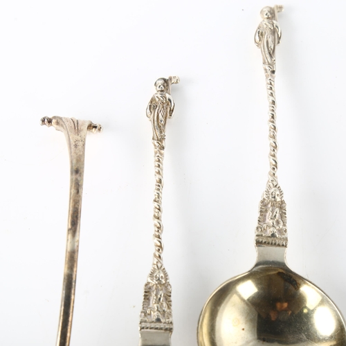 1583 - An Antique Irish silver shell sauce ladle, and a pair of silver Apostle spoons, ladle length 20cm, 5... 