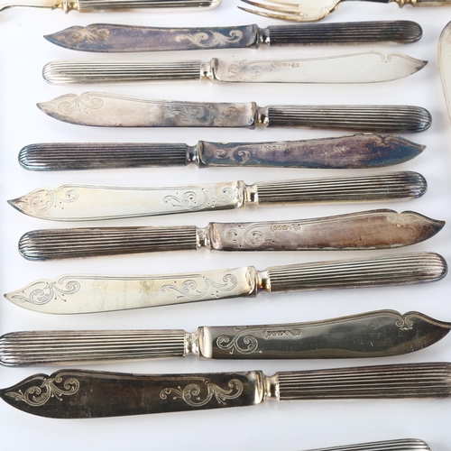 1588 - ELKINGTON & CO - a set of silver plated fish cutlery for 11 people, with ribbed handles, knife blade... 