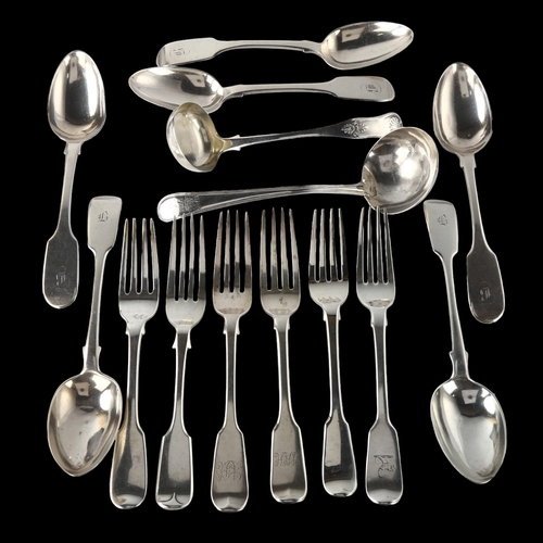 1593 - Various silver flatware, including Victorian dessert spoon, George III dessert forks, Irish ladle et... 