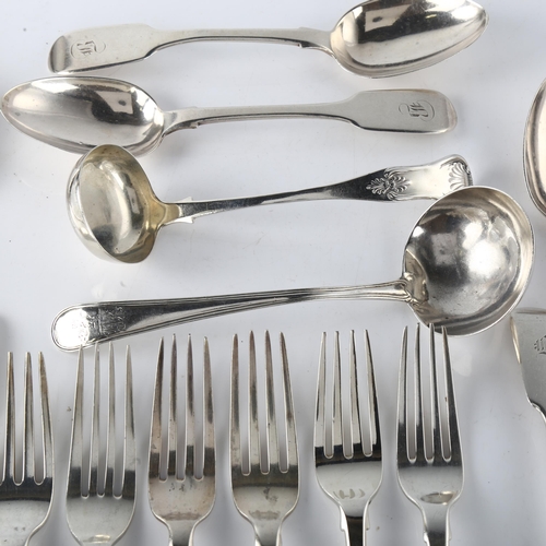 1593 - Various silver flatware, including Victorian dessert spoon, George III dessert forks, Irish ladle et... 