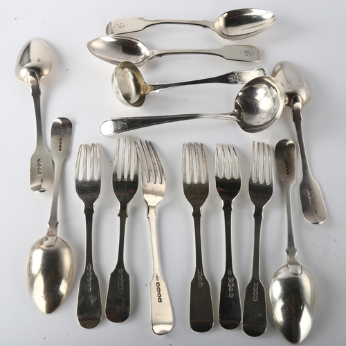 1593 - Various silver flatware, including Victorian dessert spoon, George III dessert forks, Irish ladle et... 