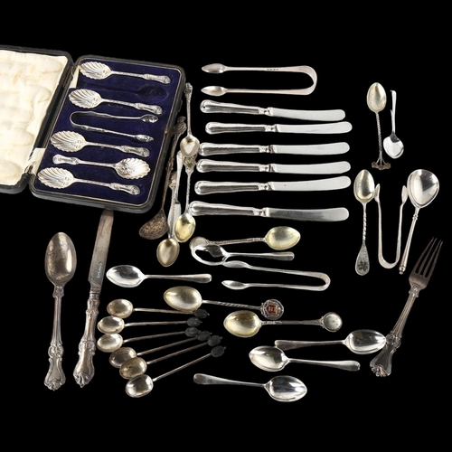 1595 - Various silver flatware, including shamrock teaspoon, set of 6 Mappin & Webb silver-handled knives e... 