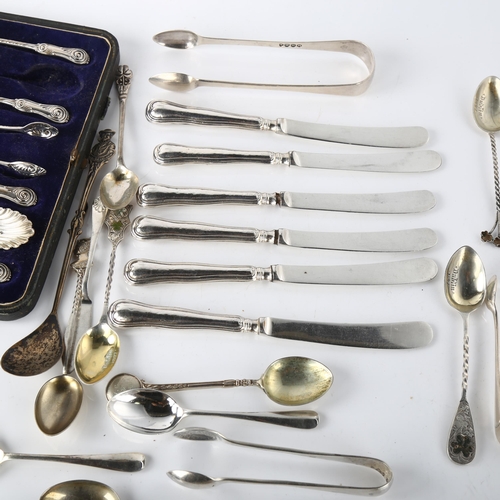 1595 - Various silver flatware, including shamrock teaspoon, set of 6 Mappin & Webb silver-handled knives e... 