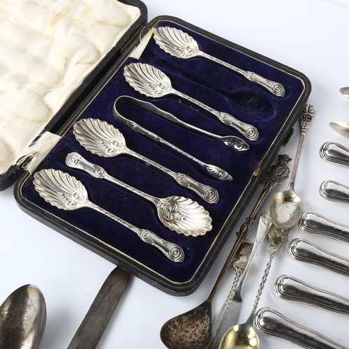 1595 - Various silver flatware, including shamrock teaspoon, set of 6 Mappin & Webb silver-handled knives e... 