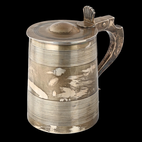 1598 - A large George III silver lidded tankard, tapering cylindrical form with reeded decoration and pierc... 