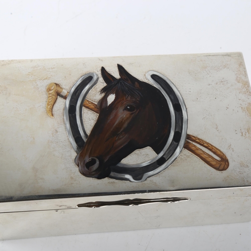 1605 - An Art Deco George V heavy gauge silver and enamel horse racing cigarette box, with hand painted hor... 