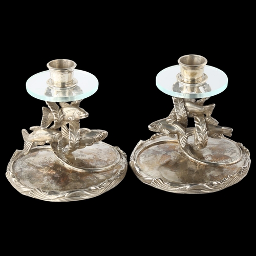 1607 - A pair of mid-20th century Elizabeth II novelty silver salmon table candlesticks, realistically mode... 