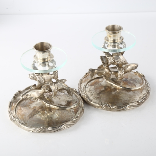1607 - A pair of mid-20th century Elizabeth II novelty silver salmon table candlesticks, realistically mode... 