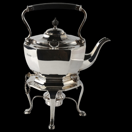 1609 - A George V silver spirit kettle on burner stand, plain octagonal form with silver plated burner inse... 