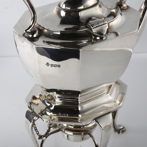1609 - A George V silver spirit kettle on burner stand, plain octagonal form with silver plated burner inse... 