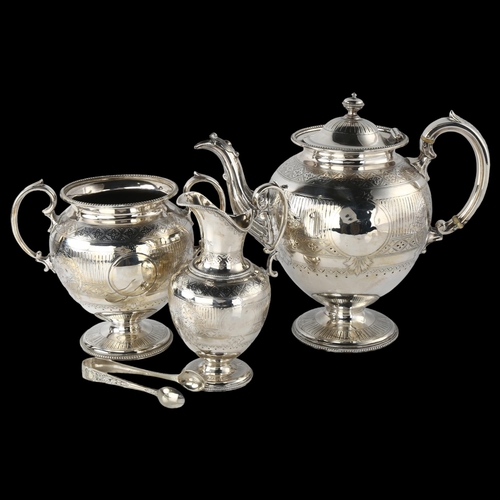 1612 - A Victorian silver 3-piece tea set, comprising teapot, 2 handled-sugar bowl and cream jug, ovoid for... 