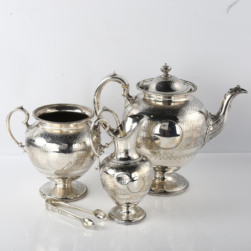 1612 - A Victorian silver 3-piece tea set, comprising teapot, 2 handled-sugar bowl and cream jug, ovoid for... 