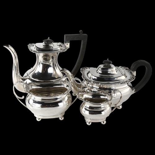 1613 - A George V silver 4-piece tea set, comprising teapot, hot water jug, 2-handled sugar bowl and cream ... 