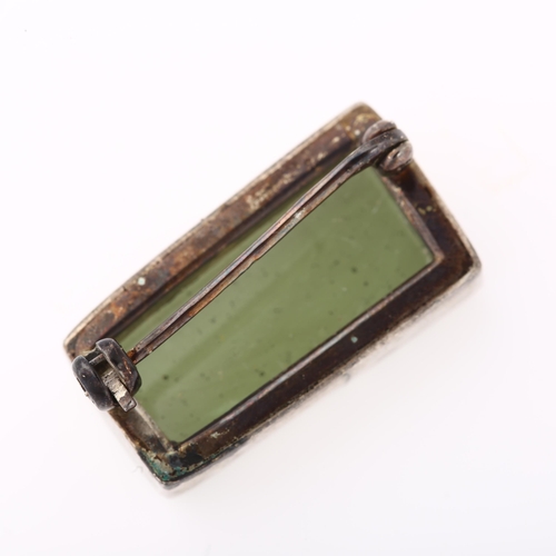 1384 - A natural moldavite green glass brooch, unmarked white metal settings, brooch length 23.1mm, 6.7g