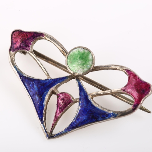 1385 - CHARLES HORNER - an Arts and Crafts silver and enamel openwork brooch, brooch length 32.5mm, 3.7g