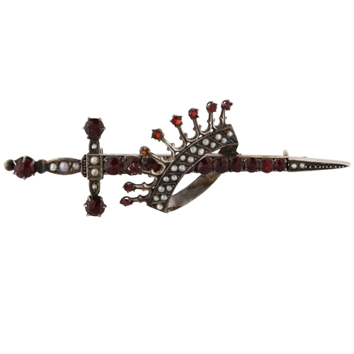 1387 - A large Continental silver garnet and pearl crown and sword brooch, brooch length 76.6mm, 9.8g, in f... 