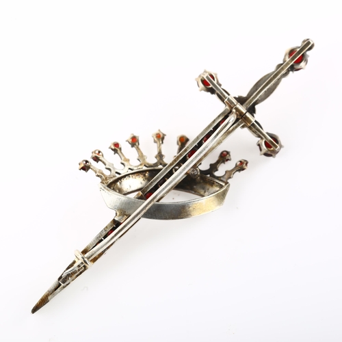 1387 - A large Continental silver garnet and pearl crown and sword brooch, brooch length 76.6mm, 9.8g, in f... 